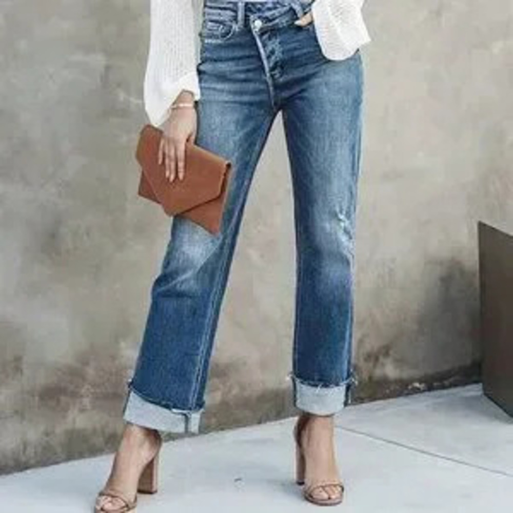 Blue Casual Women's High Waist Raw Cut Straight Leg Jeans